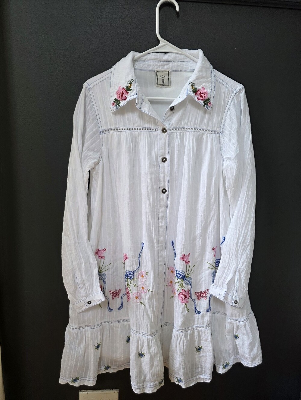 LÉA Cottagecore Floral Intricate Embroidered Ruffle Shirt Mini Dress
